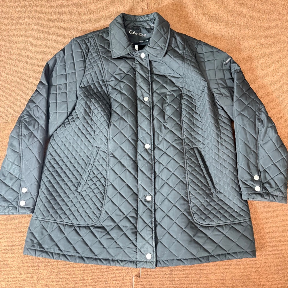 Calvin Klein Womens Black Diamond Quilted Faux Fur Lined Jacket Coat Size 1X‎